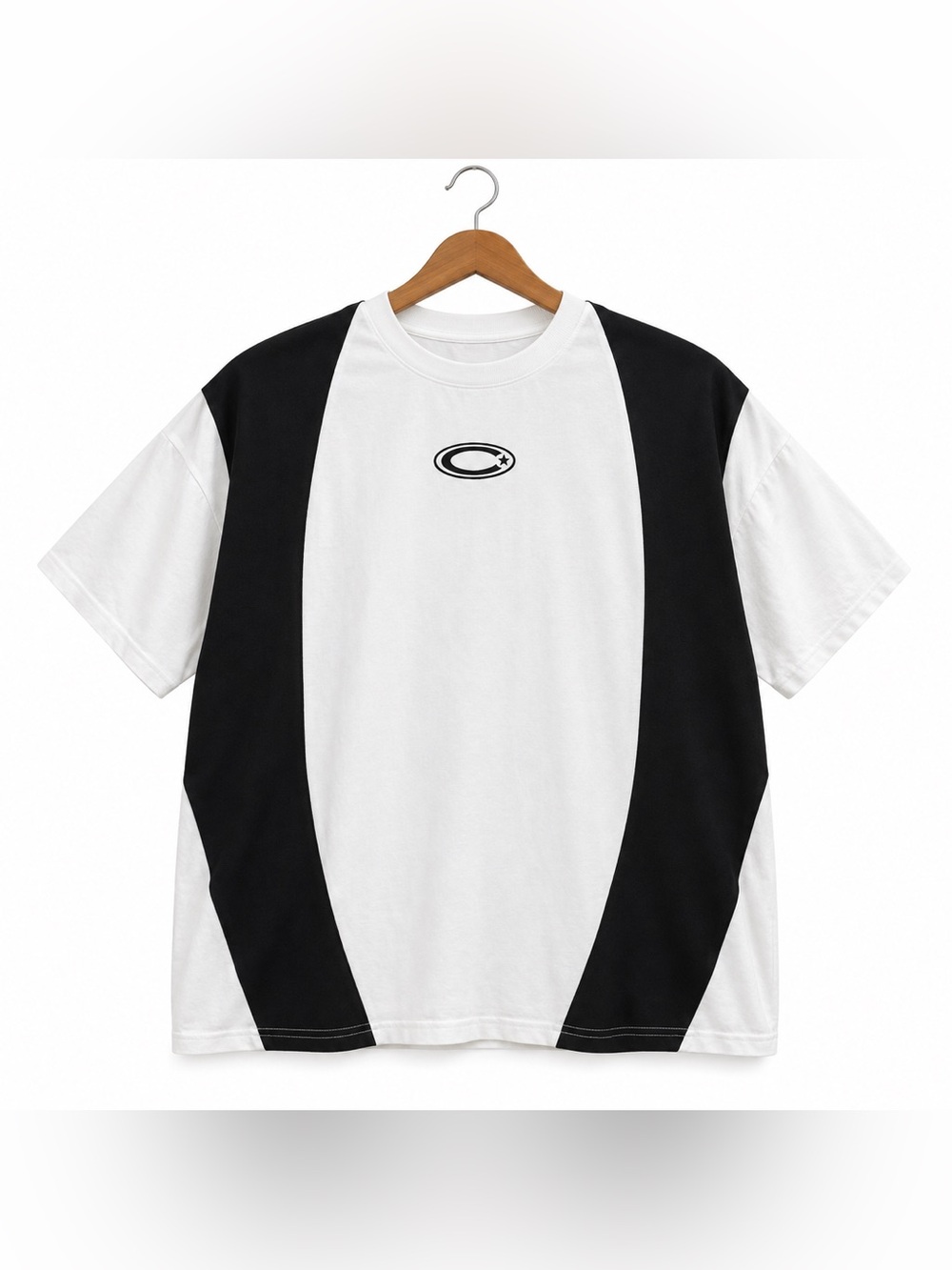 Men's White and Black Contrast Panel Crew Tee